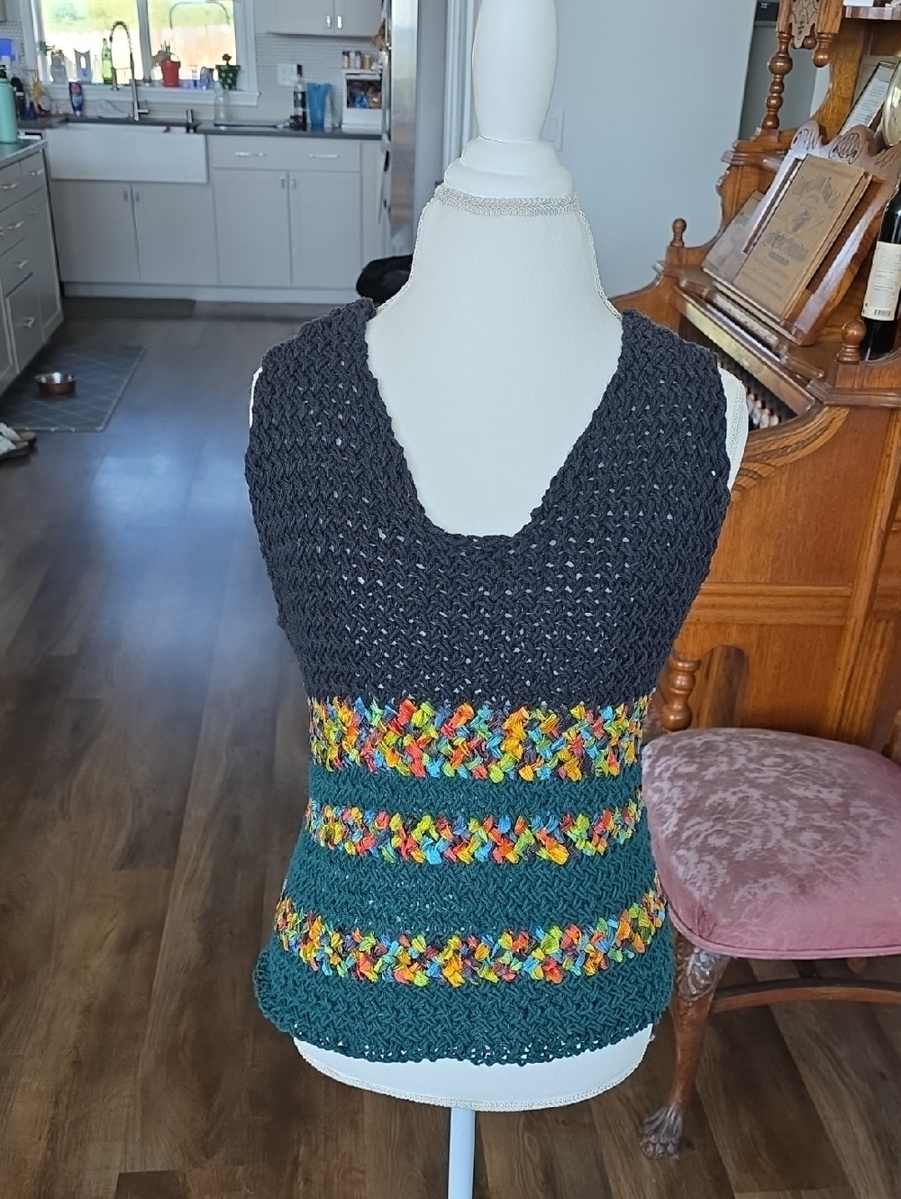 Hand-Knit V-Neck Tank Top in Black and Teal with Multicolor Accents
